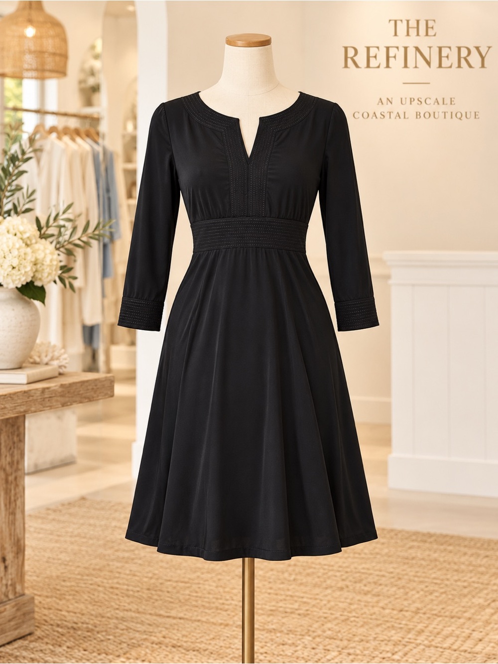 White House Black Market Black Midi Dress with Textured Waist